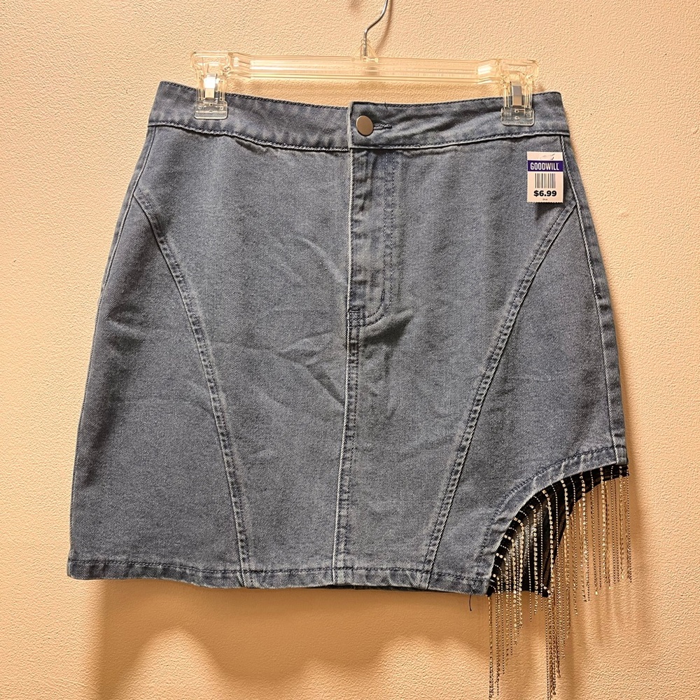 Allegra K Eclectic Chic Glam Denim Mini Skirt with Rhinestone Fringe, Sz S, Blue